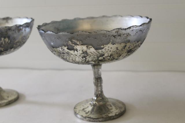 photo of vintage pressed pattern glass compote pedestal bowls, antique silvering silver mercury glass style #4
