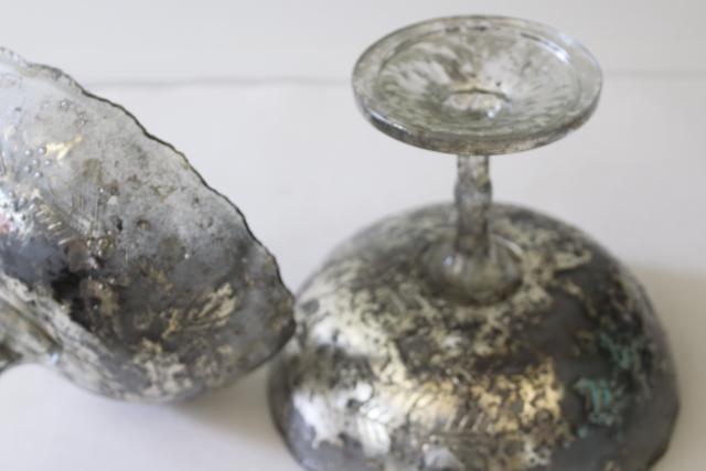 photo of vintage pressed pattern glass compote pedestal bowls, antique silvering silver mercury glass style #8