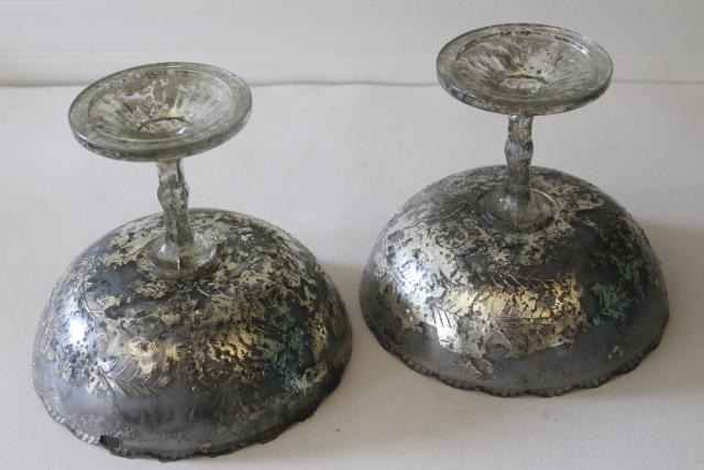 photo of vintage pressed pattern glass compote pedestal bowls, antique silvering silver mercury glass style #9