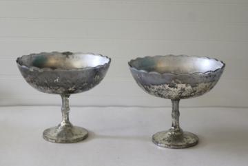 catalog photo of vintage pressed pattern glass compote pedestal bowls, antique silvering silver mercury glass style