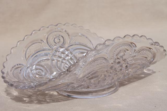 photo of vintage pressed pattern glass fruit basket bowl or banana boat, low stand footed dish #1