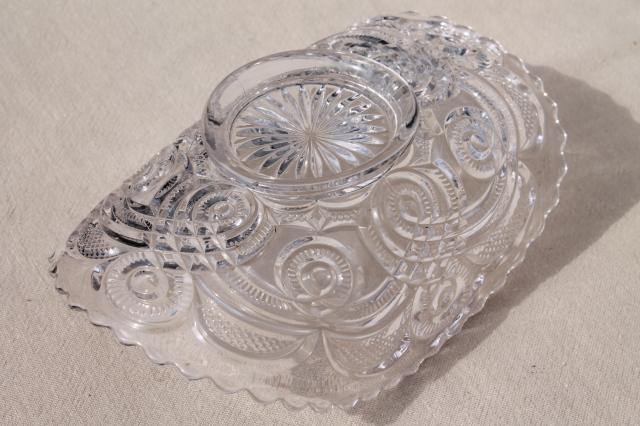 photo of vintage pressed pattern glass fruit basket bowl or banana boat, low stand footed dish #6