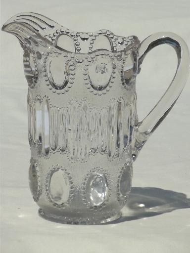 photo of vintage pressed pattern glass pitcher, beaded oval 'egg' pattern glass #1