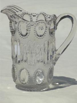 catalog photo of vintage pressed pattern glass pitcher, beaded oval 'egg' pattern glass