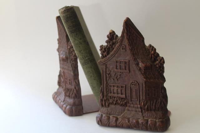 photo of vintage pressed wood bookends, fairy tale witch cottage sweet little crooked tiny house #1