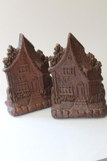 photo of vintage pressed wood bookends, fairy tale witch cottage sweet little crooked tiny house #7