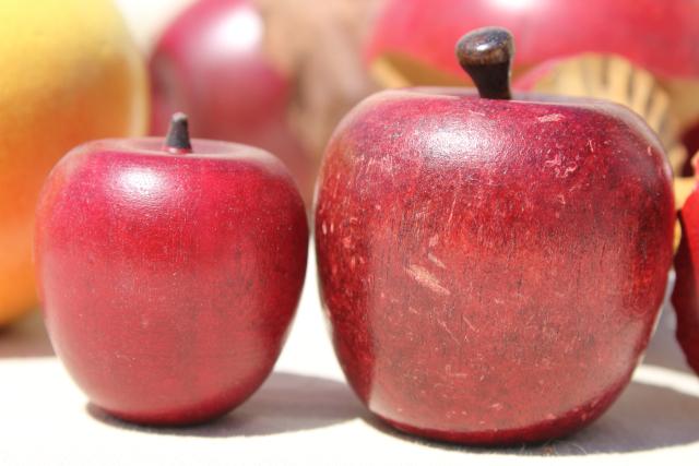 photo of vintage primitive country decor, rustic wooden apples, carved wood fruit lot #2