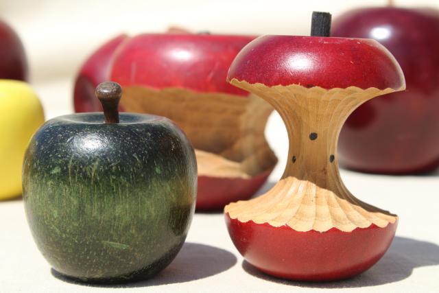 photo of vintage primitive country decor, rustic wooden apples, carved wood fruit lot #3