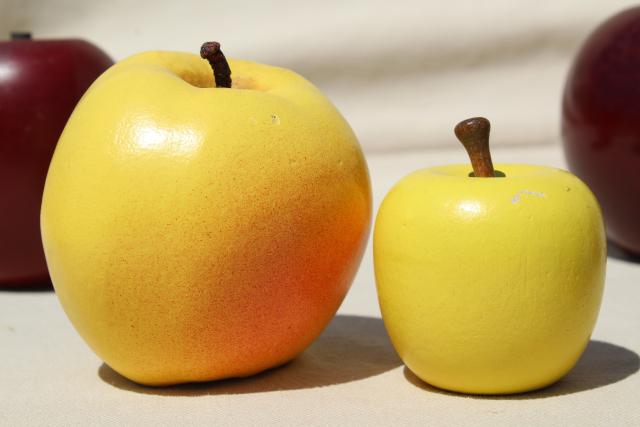 photo of vintage primitive country decor, rustic wooden apples, carved wood fruit lot #4