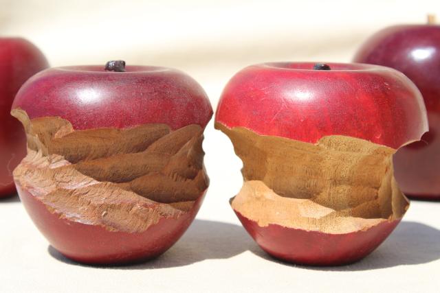 photo of vintage primitive country decor, rustic wooden apples, carved wood fruit lot #5