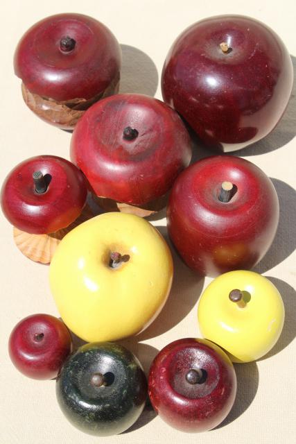 photo of vintage primitive country decor, rustic wooden apples, carved wood fruit lot #7