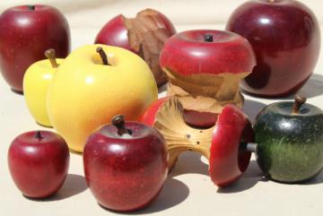 catalog photo of vintage primitive country decor, rustic wooden apples, carved wood fruit lot