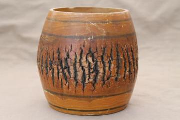 catalog photo of vintage primitive log wooden barrel vase w/ rustic natural wood tree bark