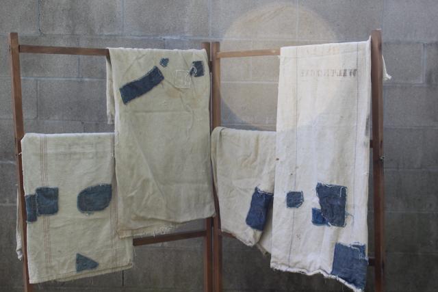 photo of vintage primitive patched feed sacks, striped grain sack heavy cotton fabric Bemis  #1