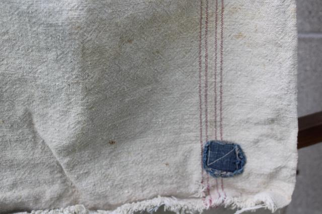 photo of vintage primitive patched feed sacks, striped grain sack heavy cotton fabric Bemis  #3