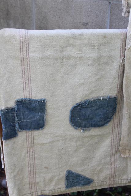 photo of vintage primitive patched feed sacks, striped grain sack heavy cotton fabric Bemis  #8