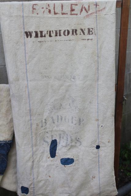 photo of vintage primitive patched feed sacks, striped grain sack heavy cotton fabric Bemis  #10