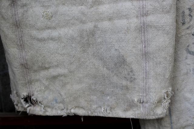 photo of vintage primitive patched feed sacks, striped grain sack heavy cotton fabric Bemis  #12