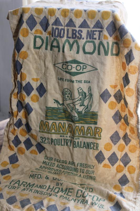 photo of vintage print cotton chicken feed sack, mermaid graphics! Ft Atkinson Wisconsin #1