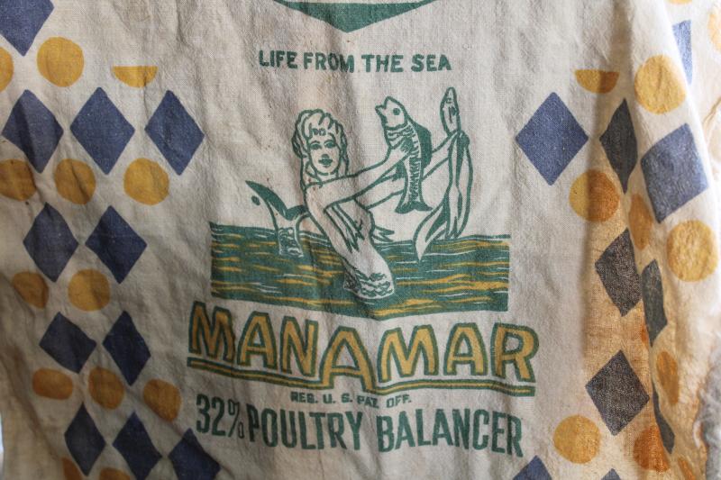 photo of vintage print cotton chicken feed sack, mermaid graphics! Ft Atkinson Wisconsin #3