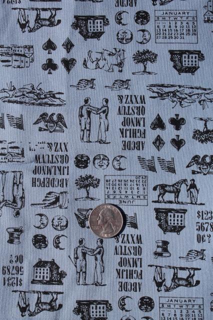 photo of vintage print cotton fabric 36 wide, Early American almanac engravings typography #1