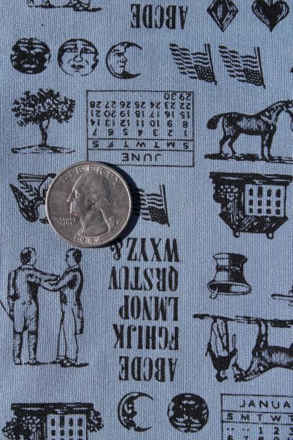 photo of vintage print cotton fabric 36 wide, Early American almanac engravings typography #2