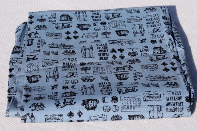 photo of vintage print cotton fabric 36 wide, Early American almanac engravings typography #4