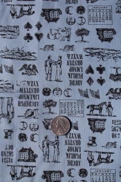 catalog photo of vintage print cotton fabric 36 wide, Early American almanac engravings typography