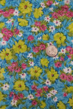 catalog photo of vintage print cotton fabric, 60s neon green & pink flowers on aqua blue