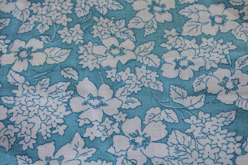 photo of vintage print cotton fabric 68 wide, retro aqua blue w/ white floral #1