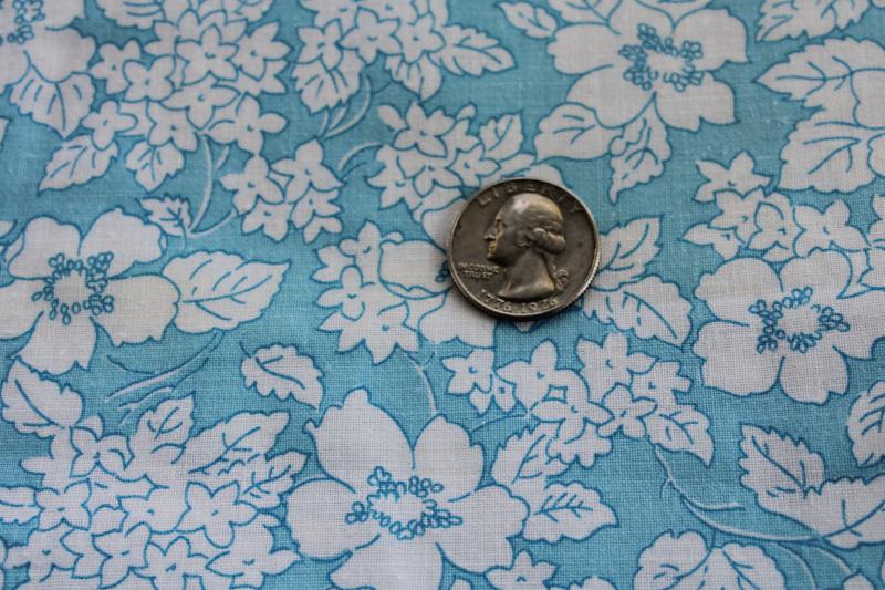 photo of vintage print cotton fabric 68 wide, retro aqua blue w/ white floral #2