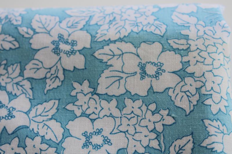 photo of vintage print cotton fabric 68 wide, retro aqua blue w/ white floral #3