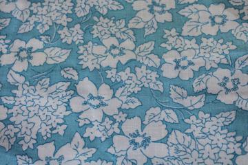 catalog photo of vintage print cotton fabric 68 wide, retro aqua blue w/ white floral