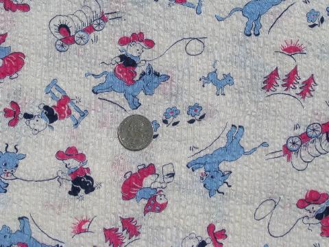 photo of vintage print cotton fabric, baby cowboy and milkmaid bears w/ cows #1