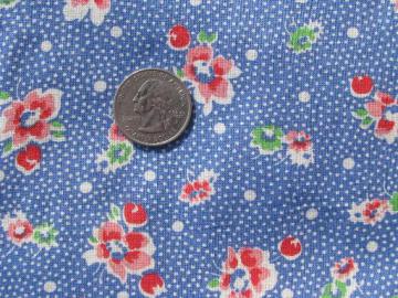 catalog photo of vintage print cotton fabric, blue and white pin dot little pink flowers