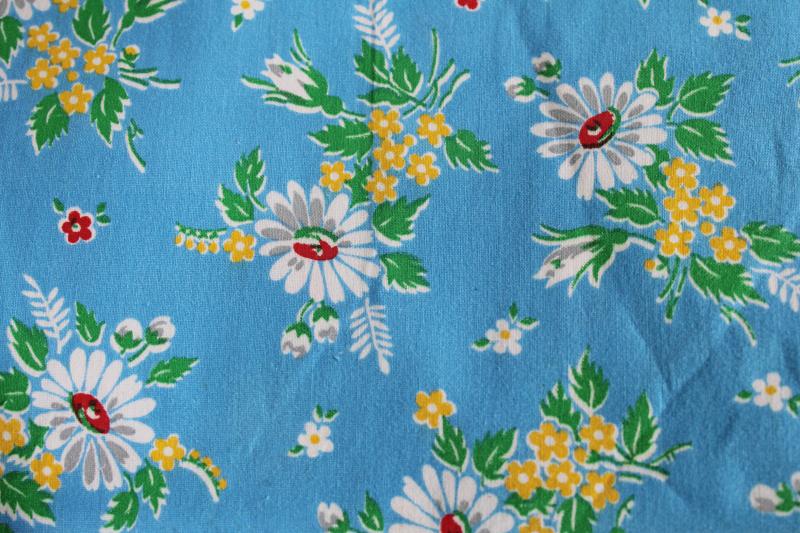 photo of vintage print cotton fabric, daisy flowers on sky blue 4 yards retro dress material #1