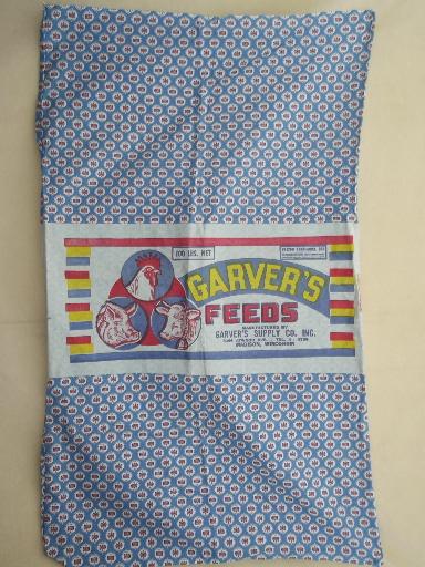 photo of vintage print cotton fabric feed sack w/ original farm feed paper label #1