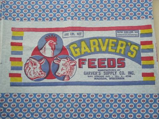 photo of vintage print cotton fabric feed sack w/ original farm feed paper label #2