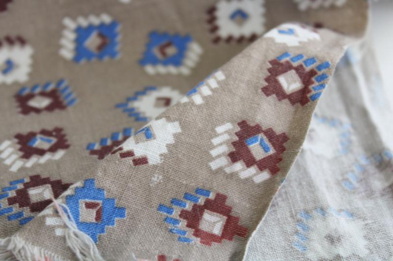 photo of vintage print cotton feed sack fabric, blocks in brown & blue on neutral greige #3