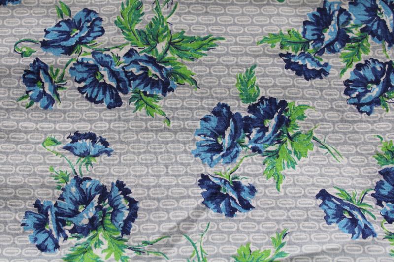 photo of vintage print cotton feed sack fabric, blue poppies floral on grey & white #1