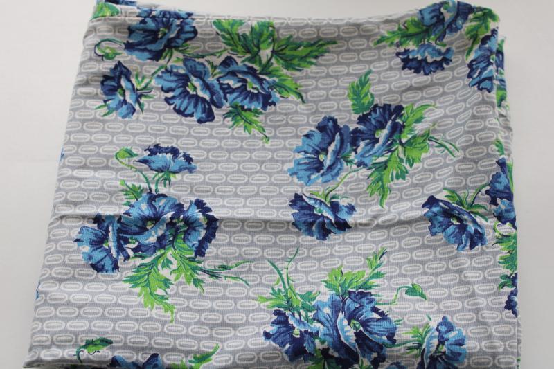 photo of vintage print cotton feed sack fabric, blue poppies floral on grey & white #5