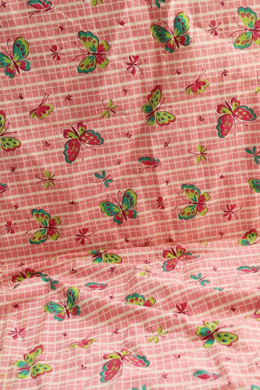 photo of vintage print cotton feed sack fabric, butterflies in shades of green on pink & white #1