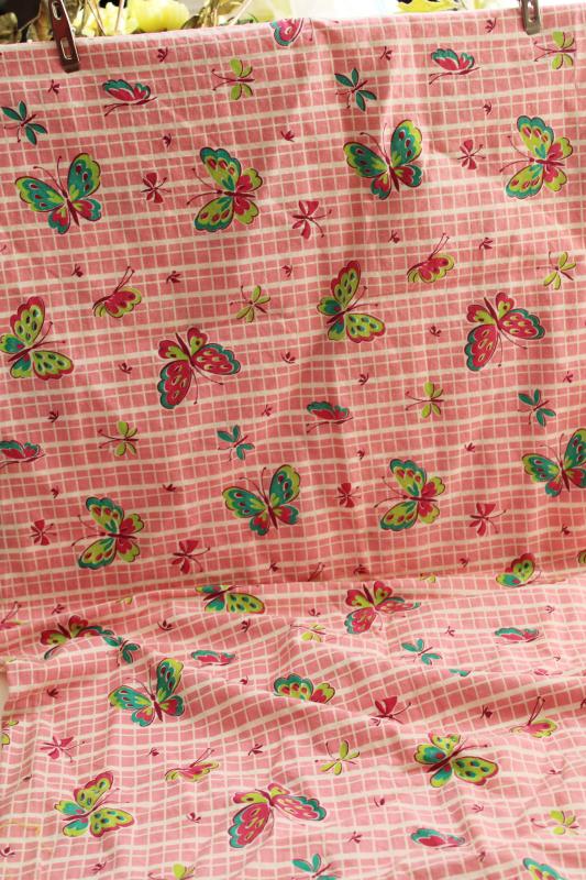 photo of vintage print cotton feed sack fabric, butterflies in shades of green on pink & white #2