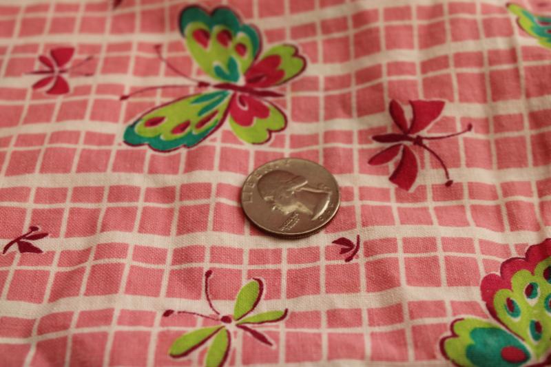 photo of vintage print cotton feed sack fabric, butterflies in shades of green on pink & white #5