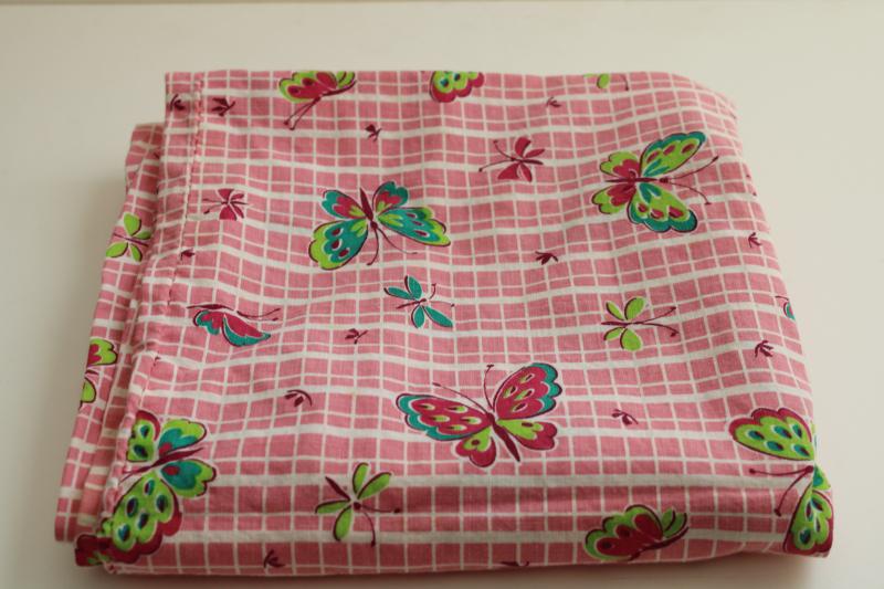 photo of vintage print cotton feed sack fabric, butterflies in shades of green on pink & white #6