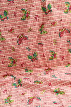 catalog photo of vintage print cotton feed sack fabric, butterflies in shades of green on pink & white