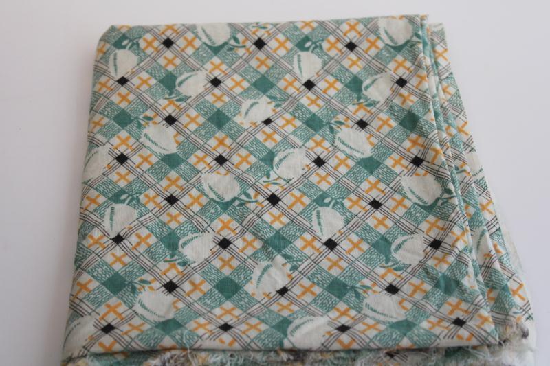 photo of vintage print cotton feed sack fabric, jadite green & yellow plaid w/ peaches or lemons #1