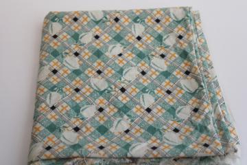 catalog photo of vintage print cotton feed sack fabric, jadite green & yellow plaid w/ peaches or lemons