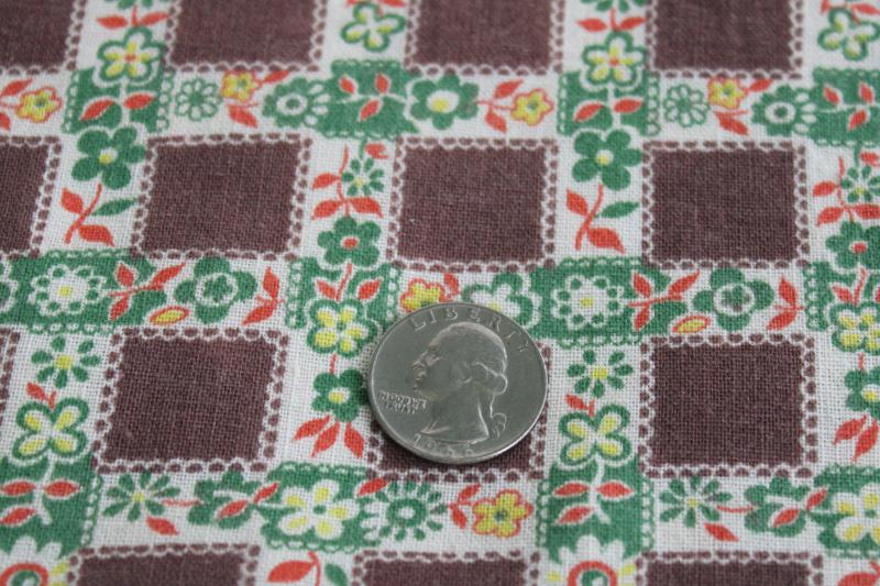 photo of vintage print cotton feed sack fabric, plaid checked w/ flowers autumn colors #2