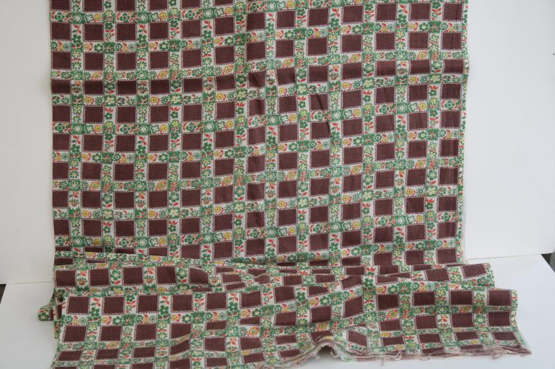 photo of vintage print cotton feed sack fabric, plaid checked w/ flowers autumn colors #3